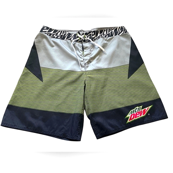 Mountain Dew Board Shorts Men's Green Striped Swim Trunks Size 38 - Picture 1 of 10